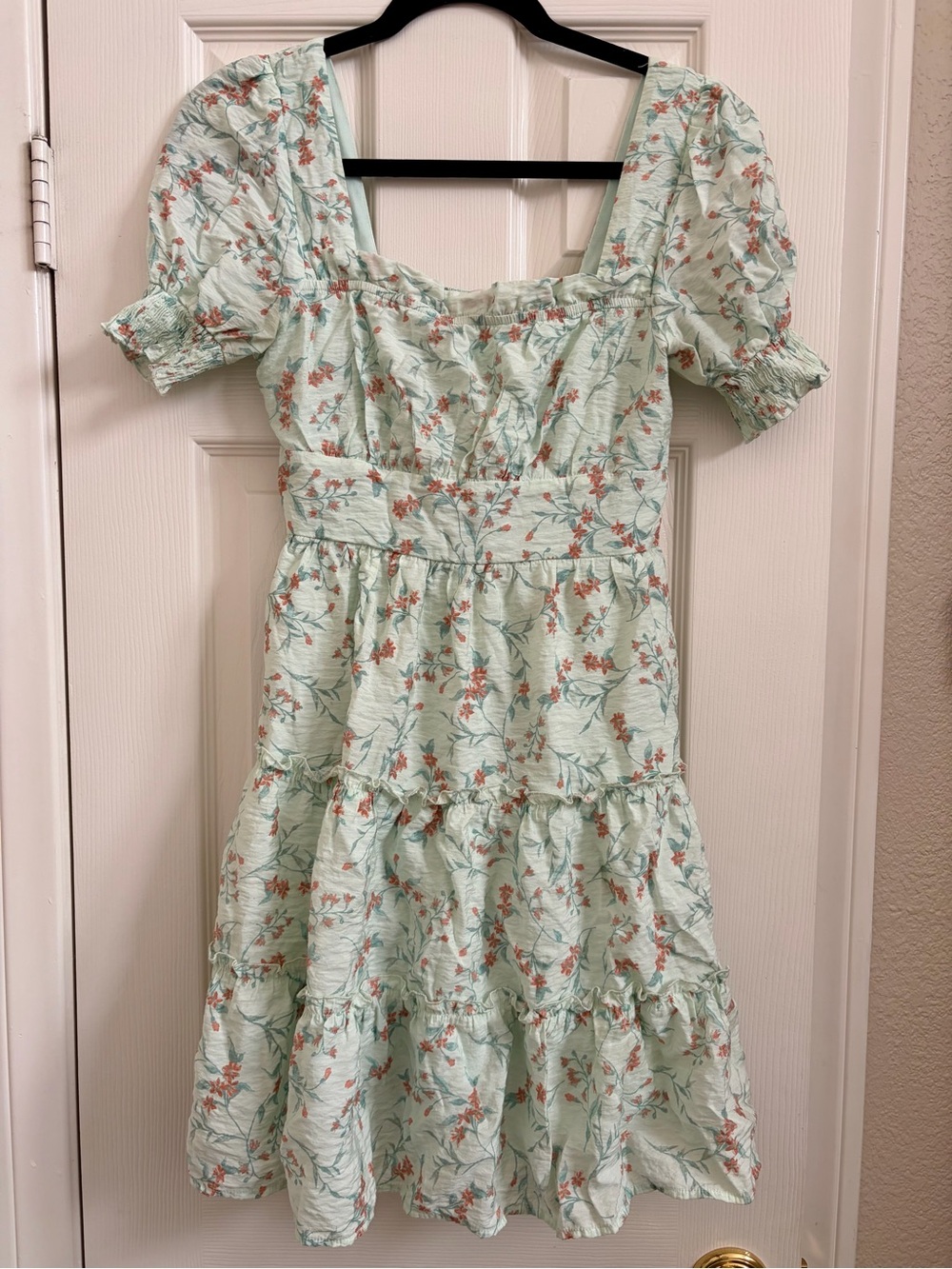 mine Mint Puff-Sleeve Tiered Floral Dress with Coral Accents